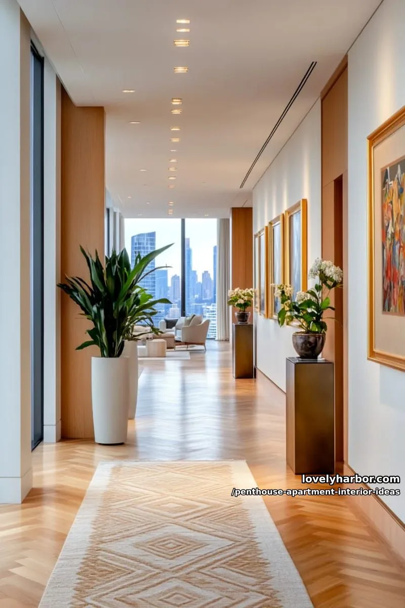29 Stunning Penthouse Apartment Interior Design Ideas for a Fresh New Look 55 luxe gold-framed art gallery lining a dramatic corridor 1