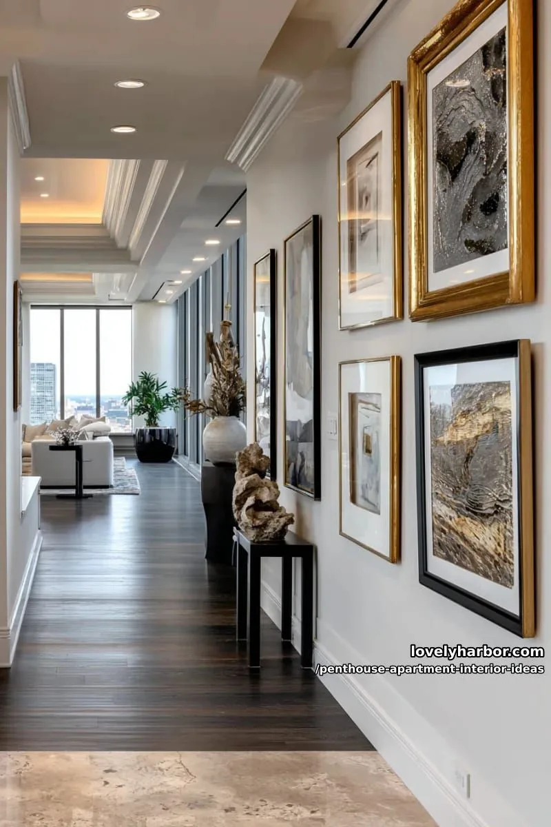 29 Stunning Penthouse Apartment Interior Design Ideas for a Fresh New Look 56 luxe gold-framed art gallery lining a dramatic corridor 1