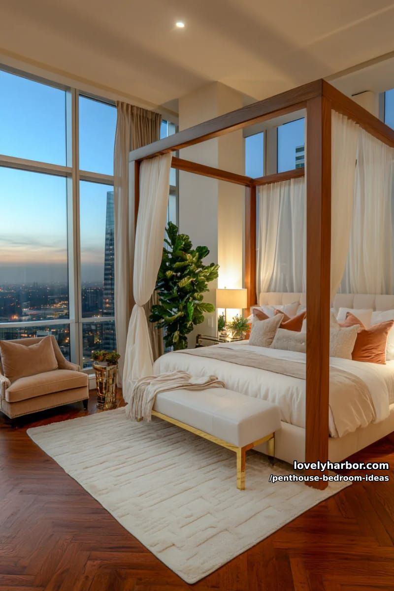 27 Modern Penthouse Bedroom Ideas That Wow 53 luxurious canopy bed with sheer drapes and built-in nightstand lighting 1