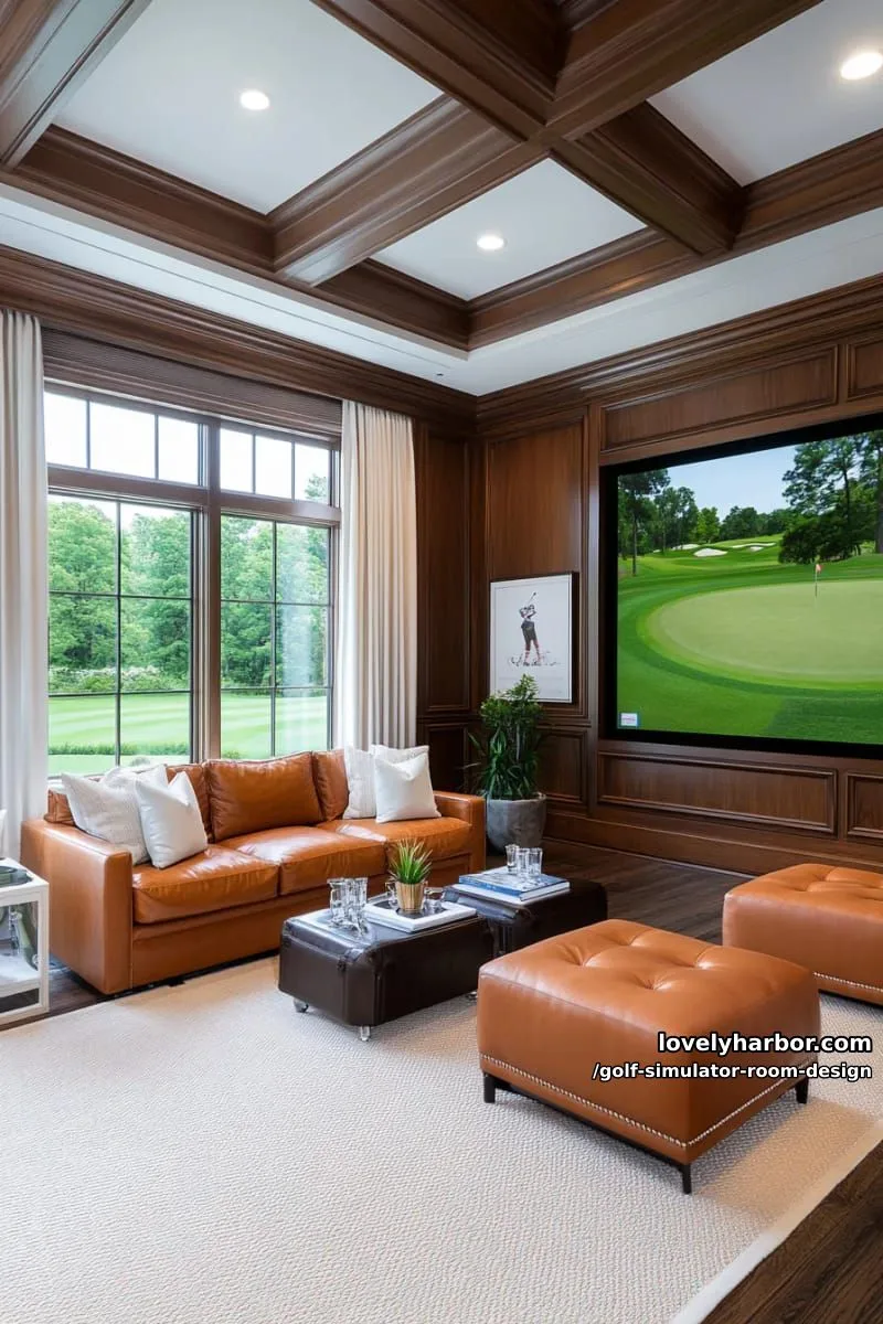 15 Chic Golf Simulator Room Designs to Help Update Your Space! 10 luxurious golf lounge with floor-to-ceiling windows and panoramic outdoor views 1