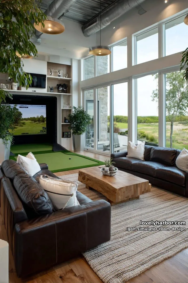 15 Chic Golf Simulator Room Designs to Help Update Your Space! 11 luxurious golf lounge with floor-to-ceiling windows and panoramic outdoor views 1
