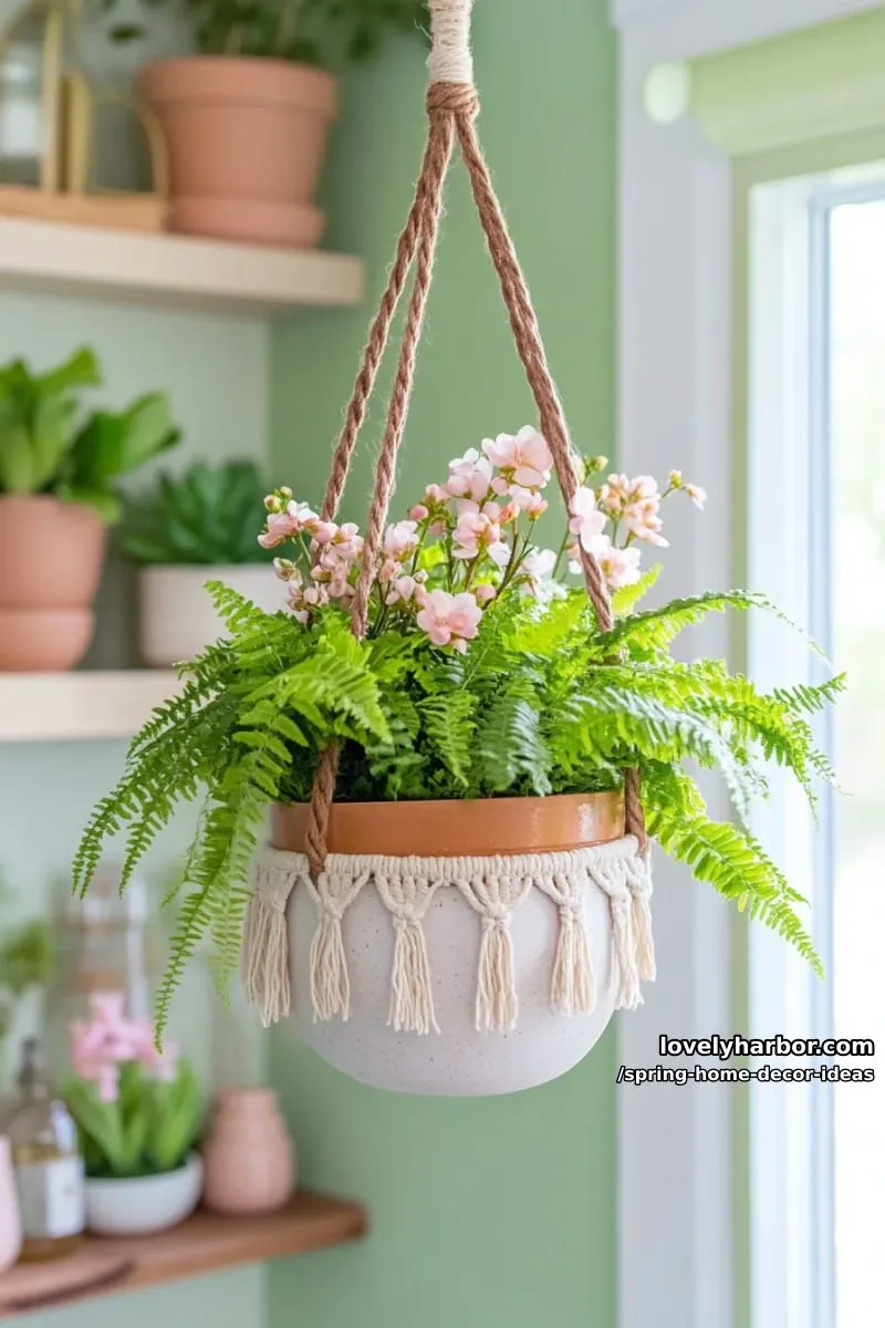 27 Gorgeous Spring Decor Ideas to Brighten Your Home 28 macrame plant hanger with cascading ferns and pink spring blossoms 1
