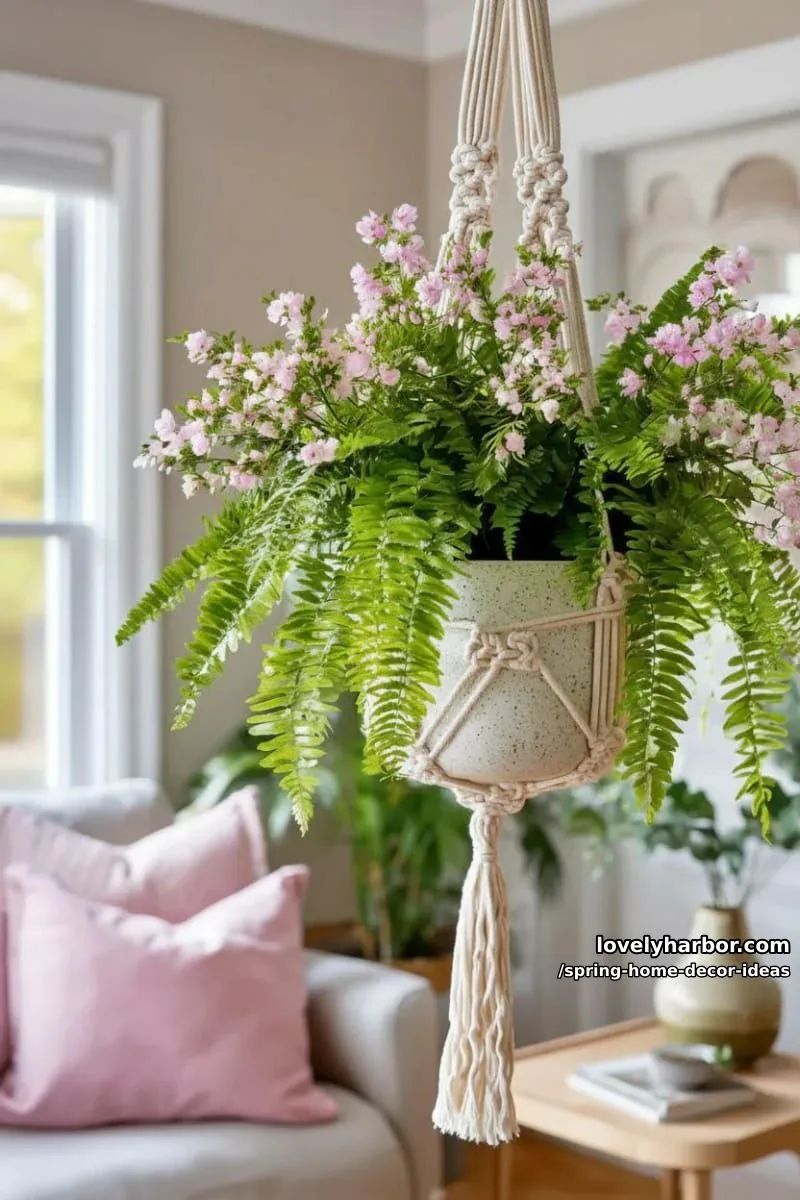 27 Gorgeous Spring Decor Ideas to Brighten Your Home 29 macrame plant hanger with cascading ferns and pink spring blossoms 1