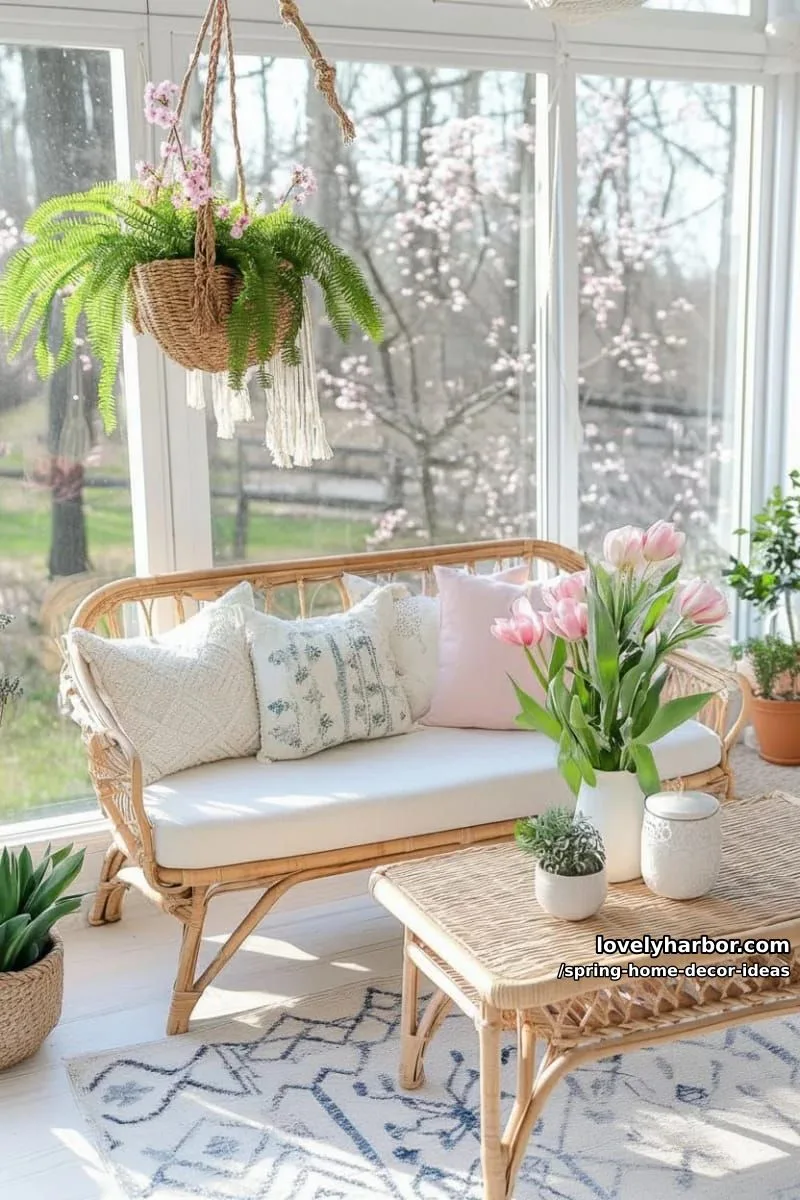27 Gorgeous Spring Decor Ideas to Brighten Your Home 30 macrame plant hanger with cascading ferns and pink spring blossoms 1