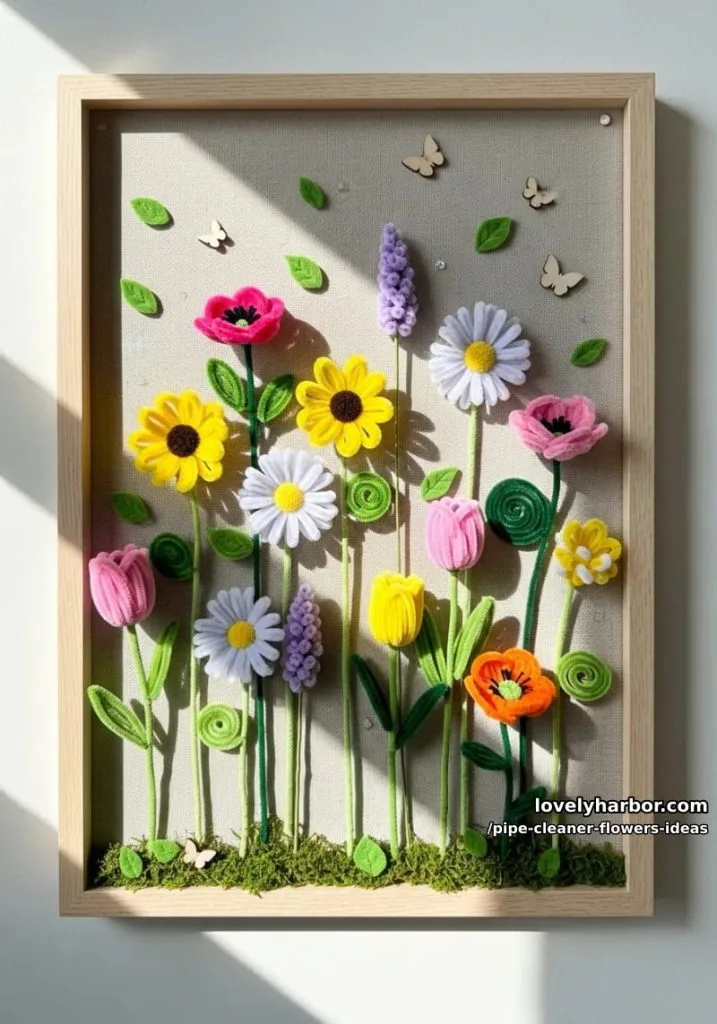 make a whimsical wildflower wall art piece using assorted pipe cleaner blossoms. 9