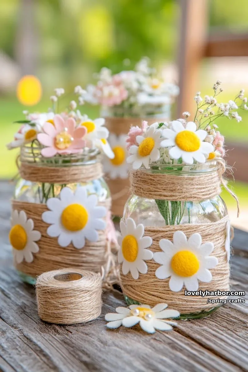 mason jar vases wrapped in jute, decorated with layered felt daisies 1