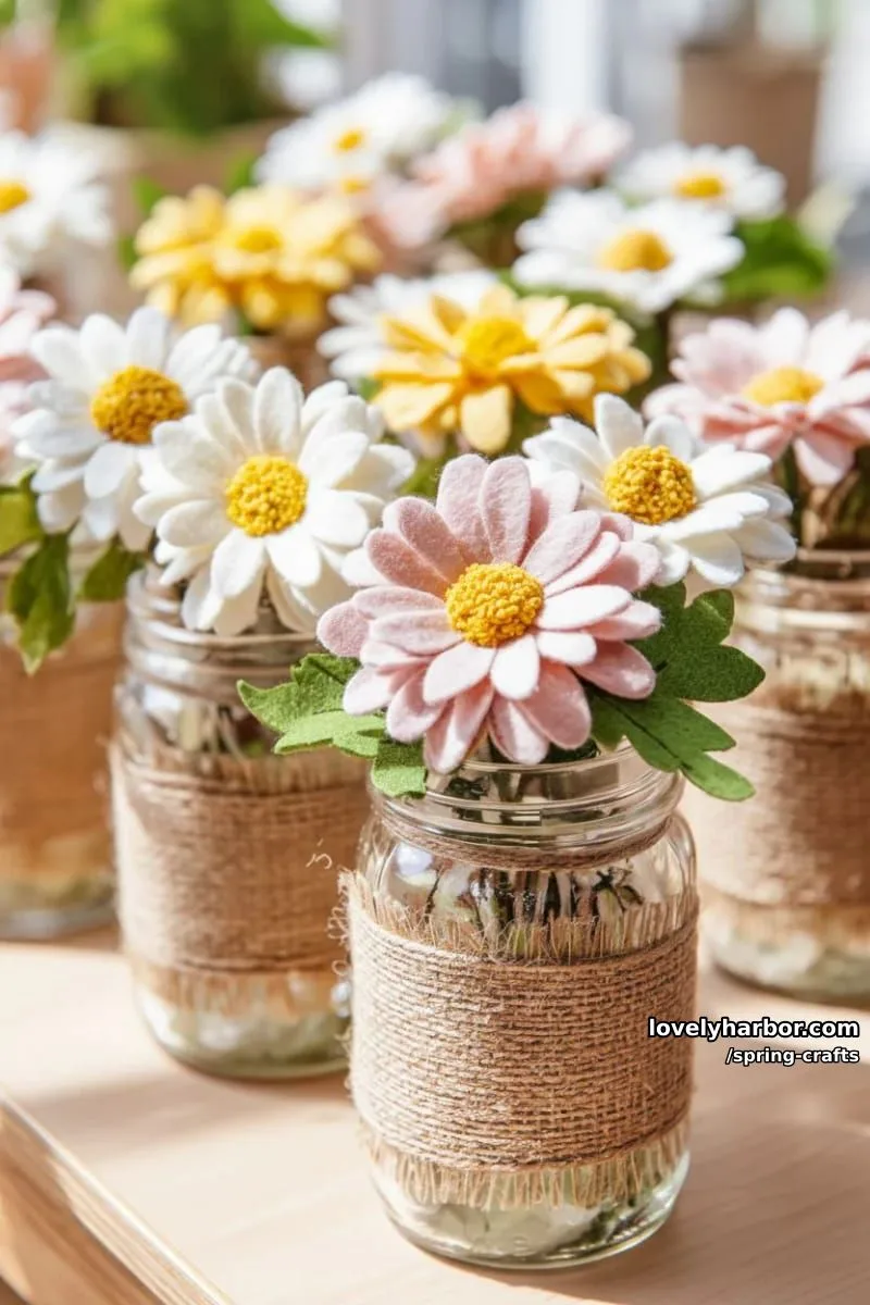 mason jar vases wrapped in jute, decorated with layered felt daisies 1