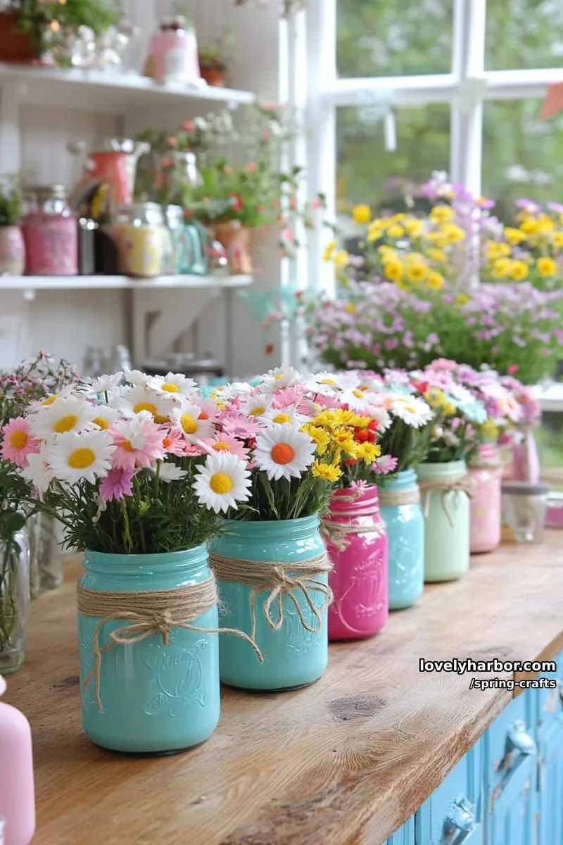 mason jar vases wrapped in jute, decorated with layered felt daisies 1
