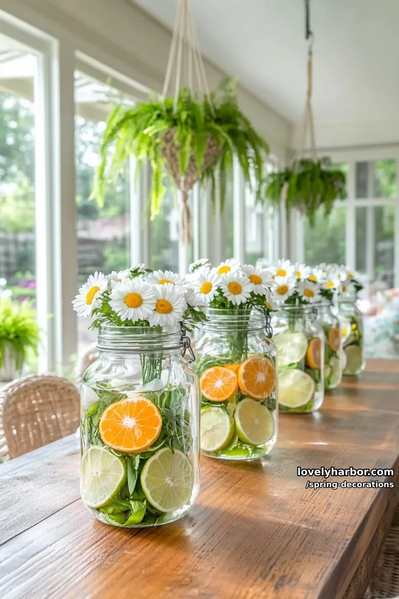 mason jars filled with floating daisies and citrus slices for fresh spring flair 1