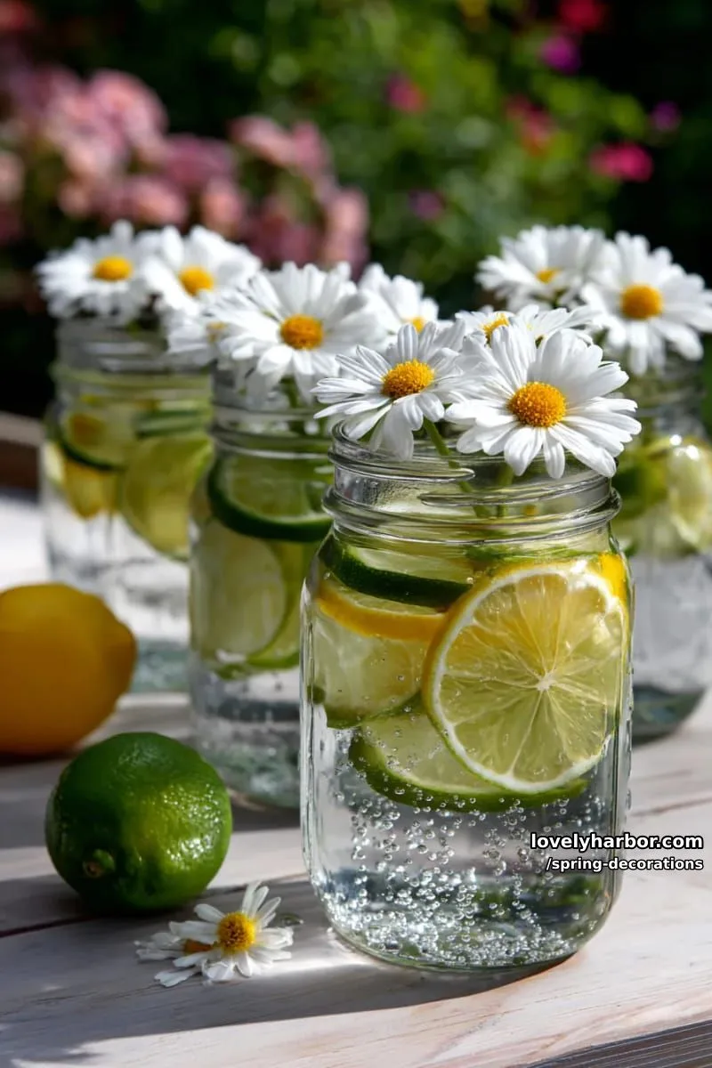 mason jars filled with floating daisies and citrus slices for fresh spring flair 1