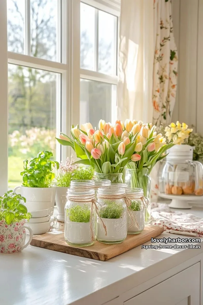 27 Gorgeous Spring Decor Ideas to Brighten Your Home 10 mason jars tied with twine, filled with tulips and daffodils on a windowsill 1