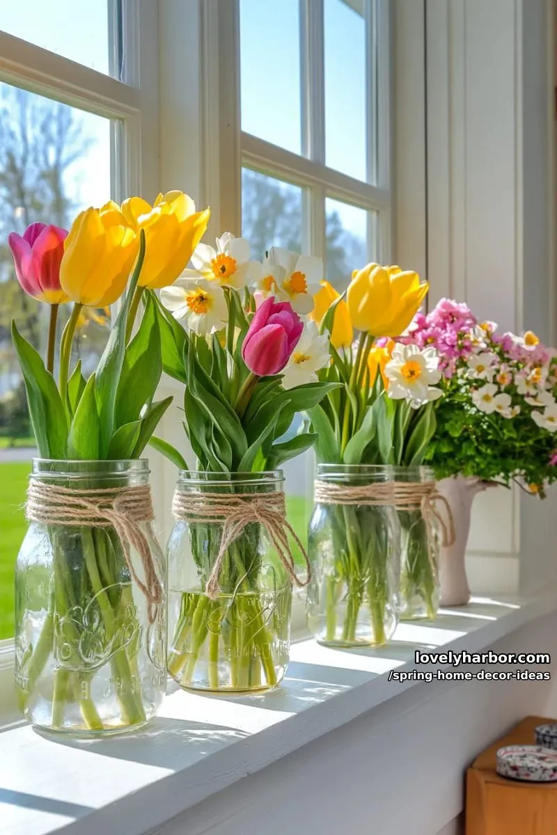 27 Gorgeous Spring Decor Ideas to Brighten Your Home 9 mason jars tied with twine, filled with tulips and daffodils on a windowsill 1