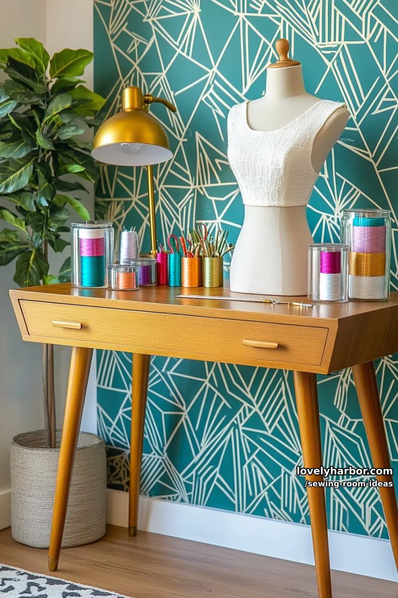 mid-century modern sewing desk paired with a vintage mannequin dress form 1