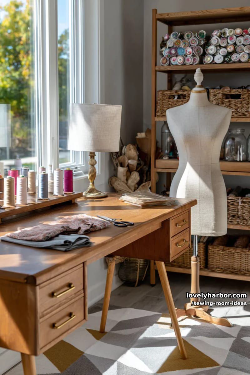 mid-century modern sewing desk paired with a vintage mannequin dress form 1