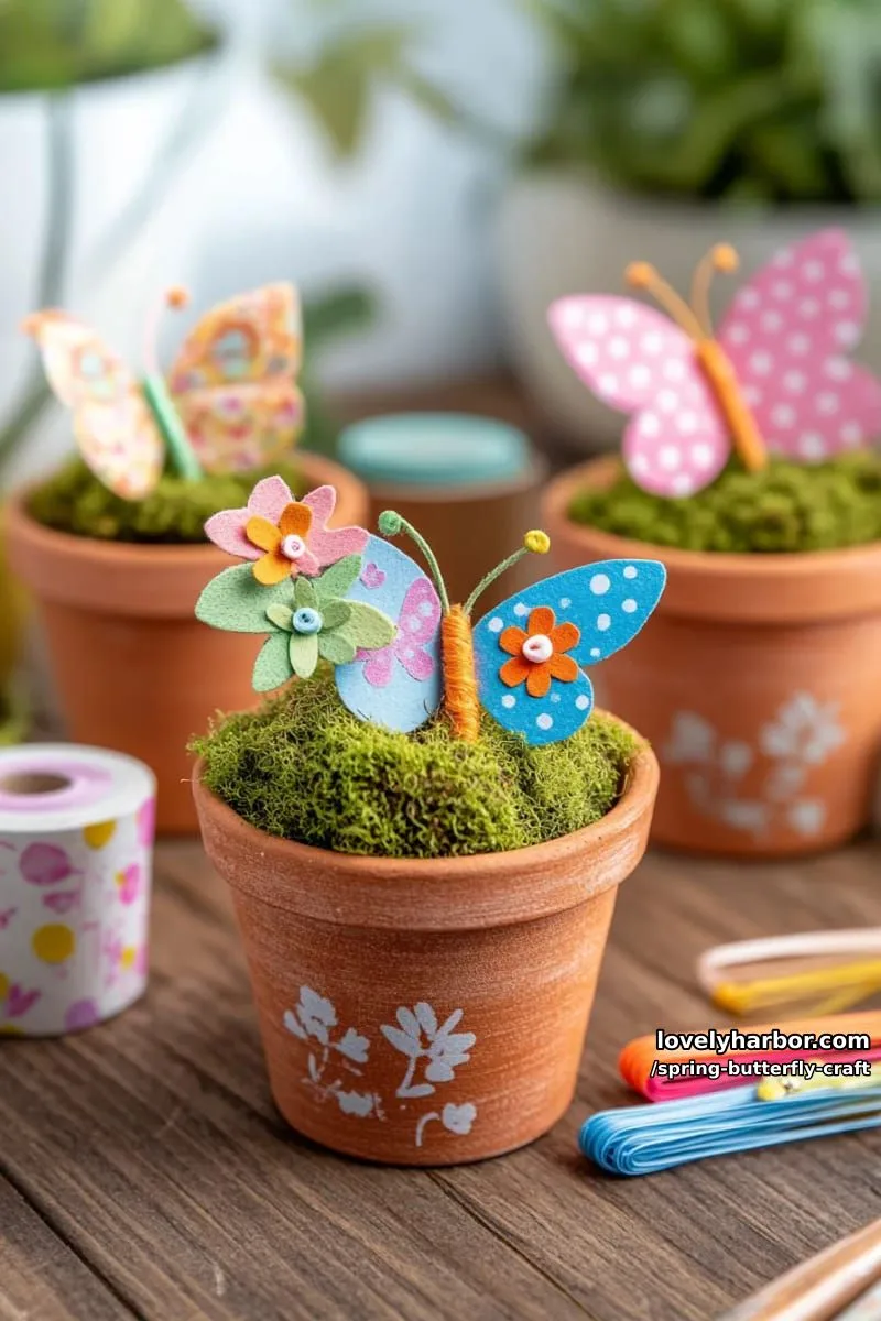 mini butterfly flower pots with paper wings and pipe cleaner bodies 1