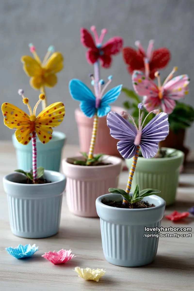 mini butterfly flower pots with paper wings and pipe cleaner bodies 1