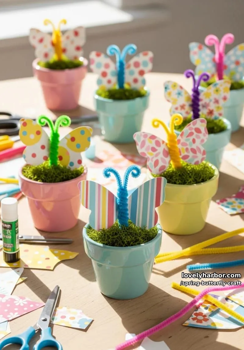 mini butterfly flower pots with paper wings and pipe cleaner bodies 1