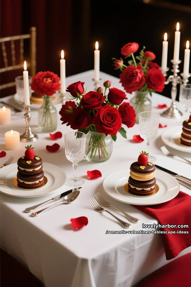 mini dessert towers on every plate with deep red floral accents 1
