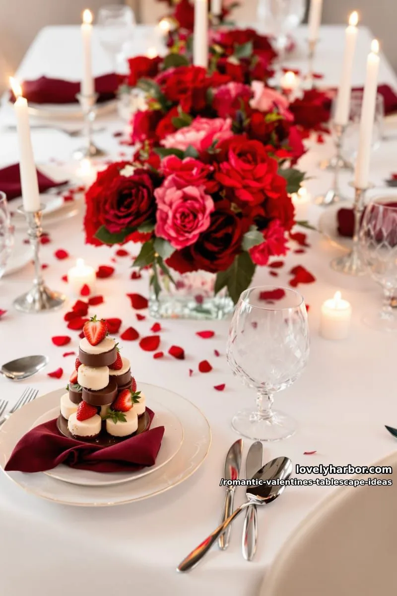mini dessert towers on every plate with deep red floral accents 1