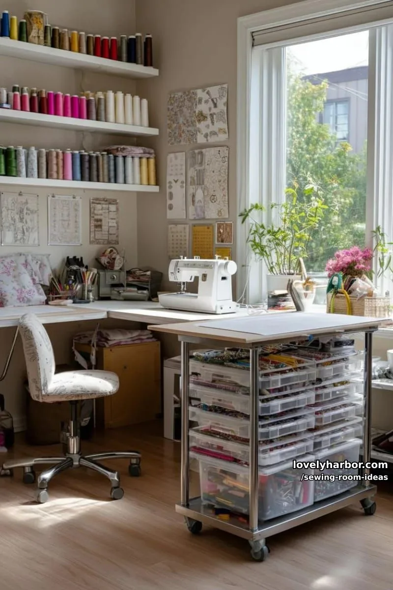 15 Creative Sewing Room Design Ideas 10 mini rolling cart with clear drawers for pins, bobbins, and tiny notions 1