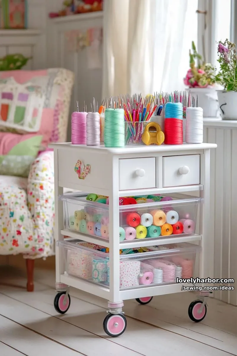 15 Creative Sewing Room Design Ideas 8 mini rolling cart with clear drawers for pins, bobbins, and tiny notions 1