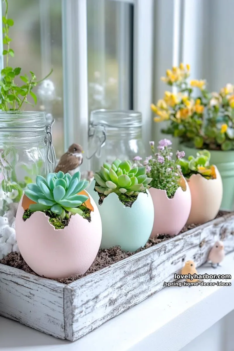 27 Gorgeous Spring Decor Ideas to Brighten Your Home 11 mini succulent garden arranged in painted eggshell planters for kitchen window decor 1