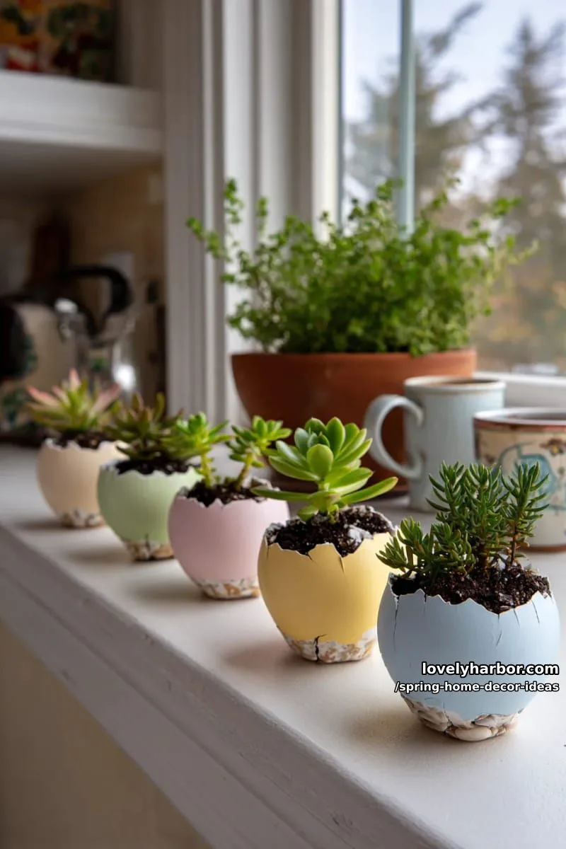 27 Gorgeous Spring Decor Ideas to Brighten Your Home 12 mini succulent garden arranged in painted eggshell planters for kitchen window decor 1