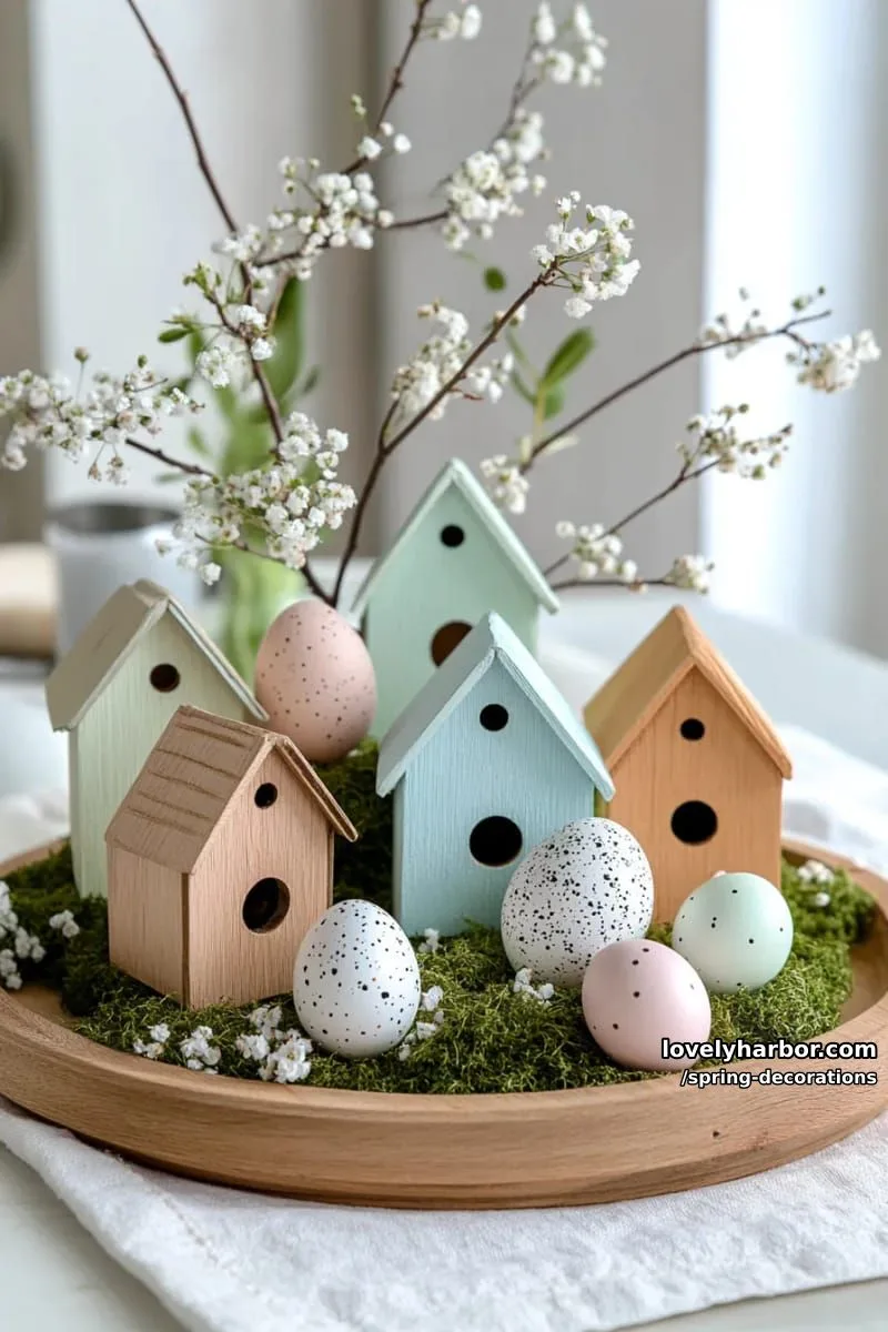 miniature birdhouse cluster centerpiece with pastel eggs and moss 1