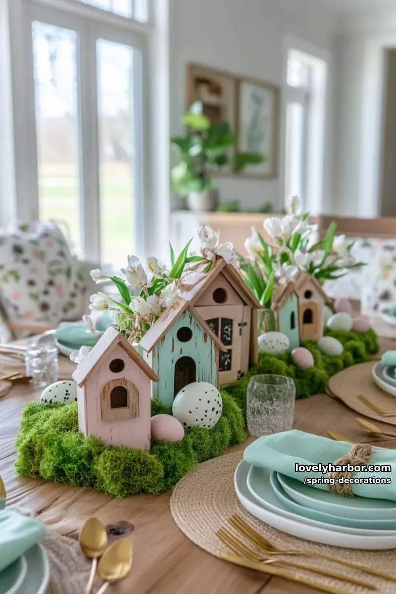 miniature birdhouse cluster centerpiece with pastel eggs and moss 1