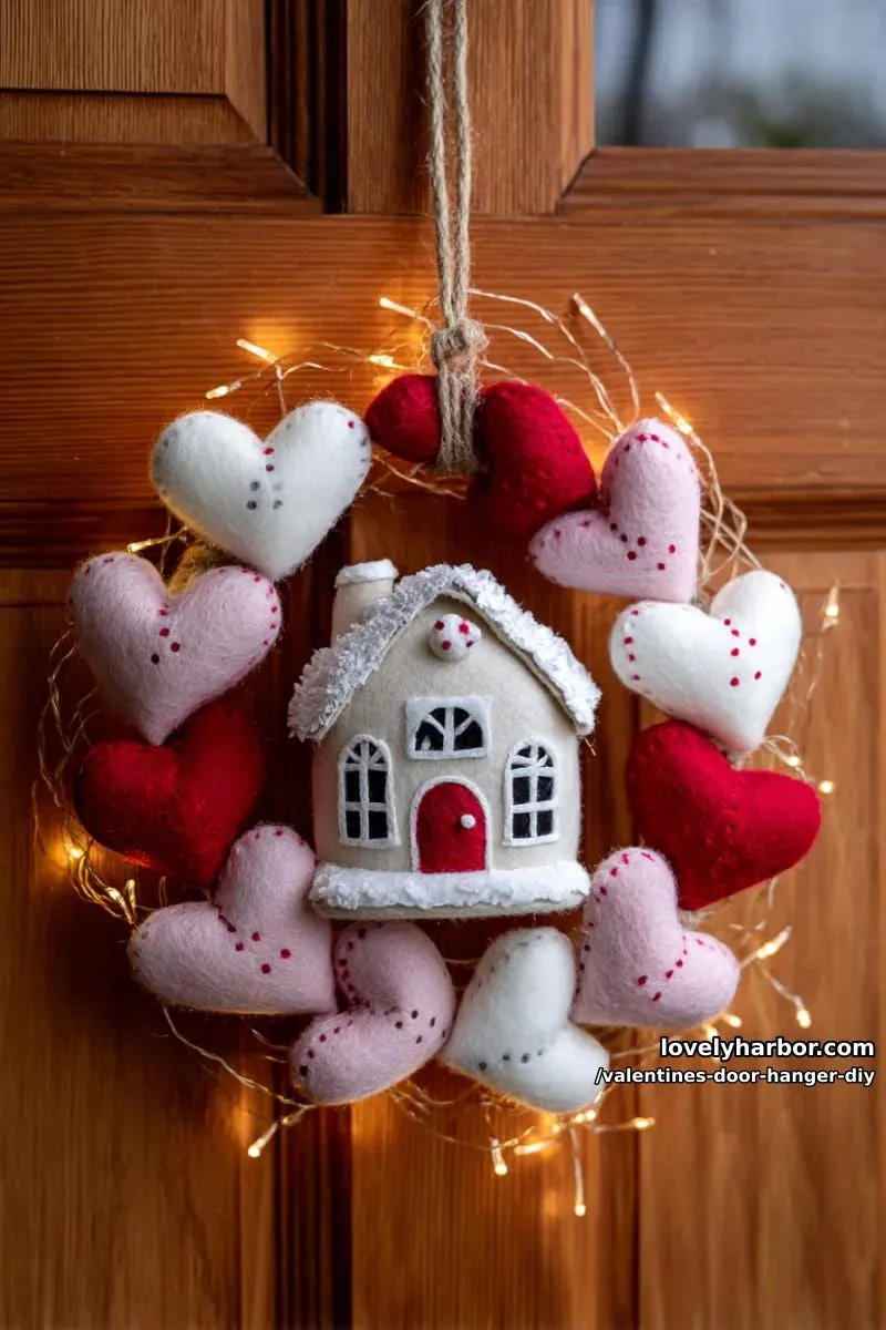miniature winter cottage surrounded by felt hearts and soft fairy lights 1