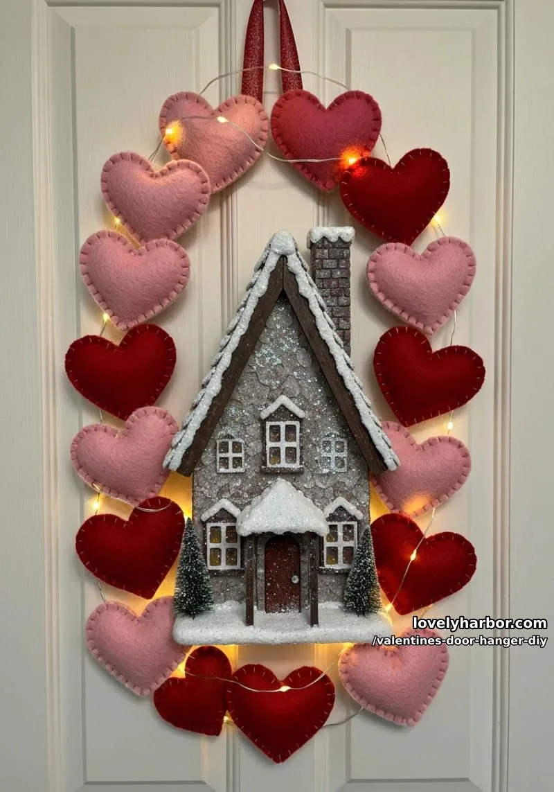 miniature winter cottage surrounded by felt hearts and soft fairy lights 1