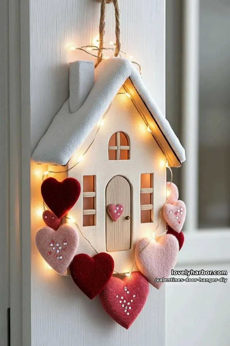 miniature winter cottage surrounded by felt hearts and soft fairy lights 1