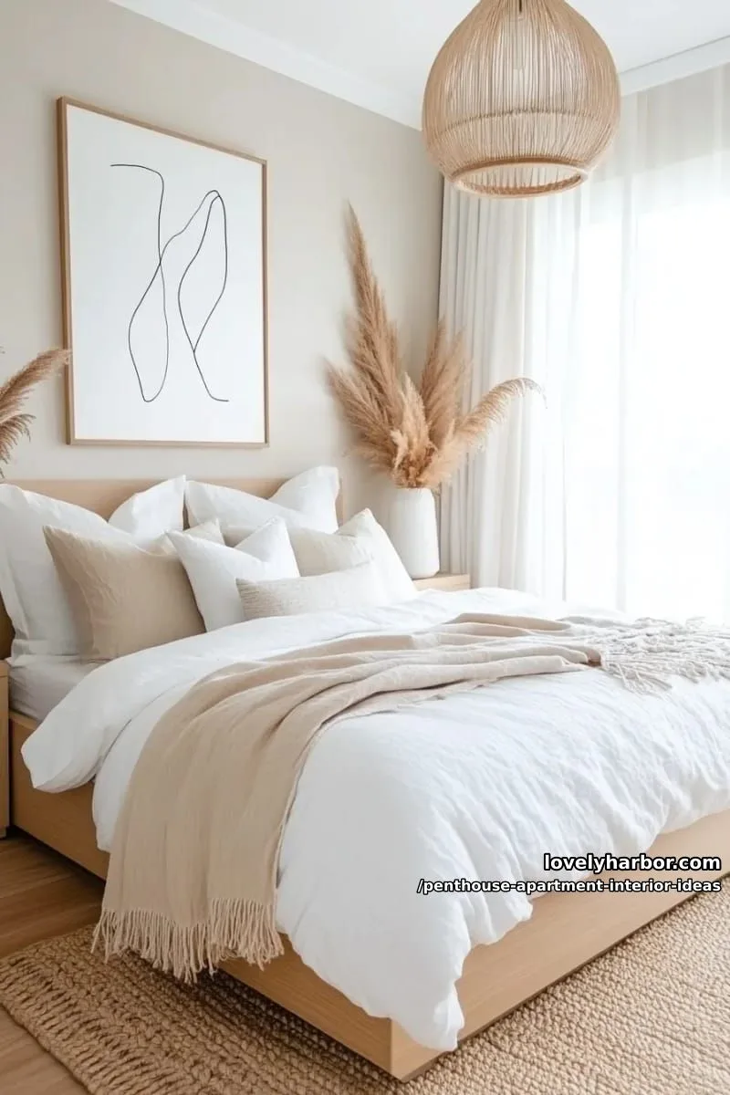 29 Stunning Penthouse Apartment Interior Design Ideas for a Fresh New Look 36 minimalist bedroom with soft beige tones and layered linen textures 1