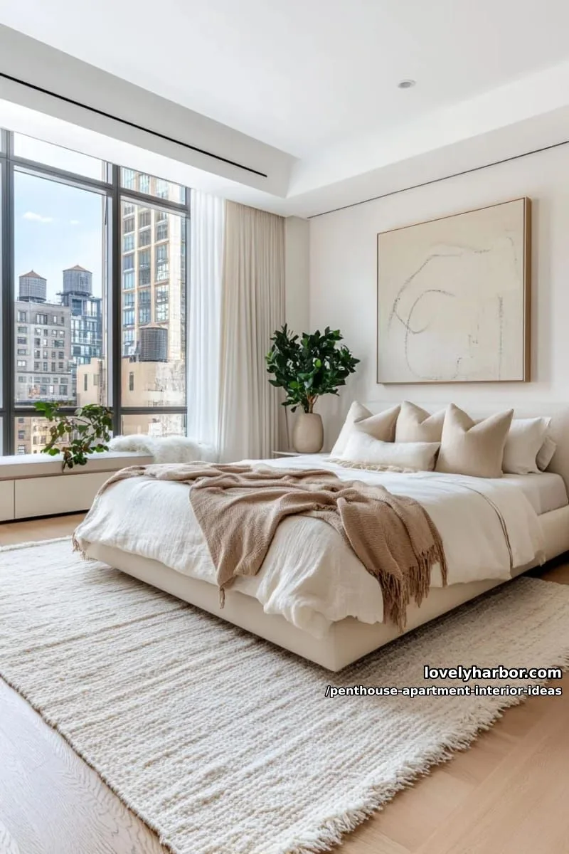 29 Stunning Penthouse Apartment Interior Design Ideas for a Fresh New Look 37 minimalist bedroom with soft beige tones and layered linen textures 1