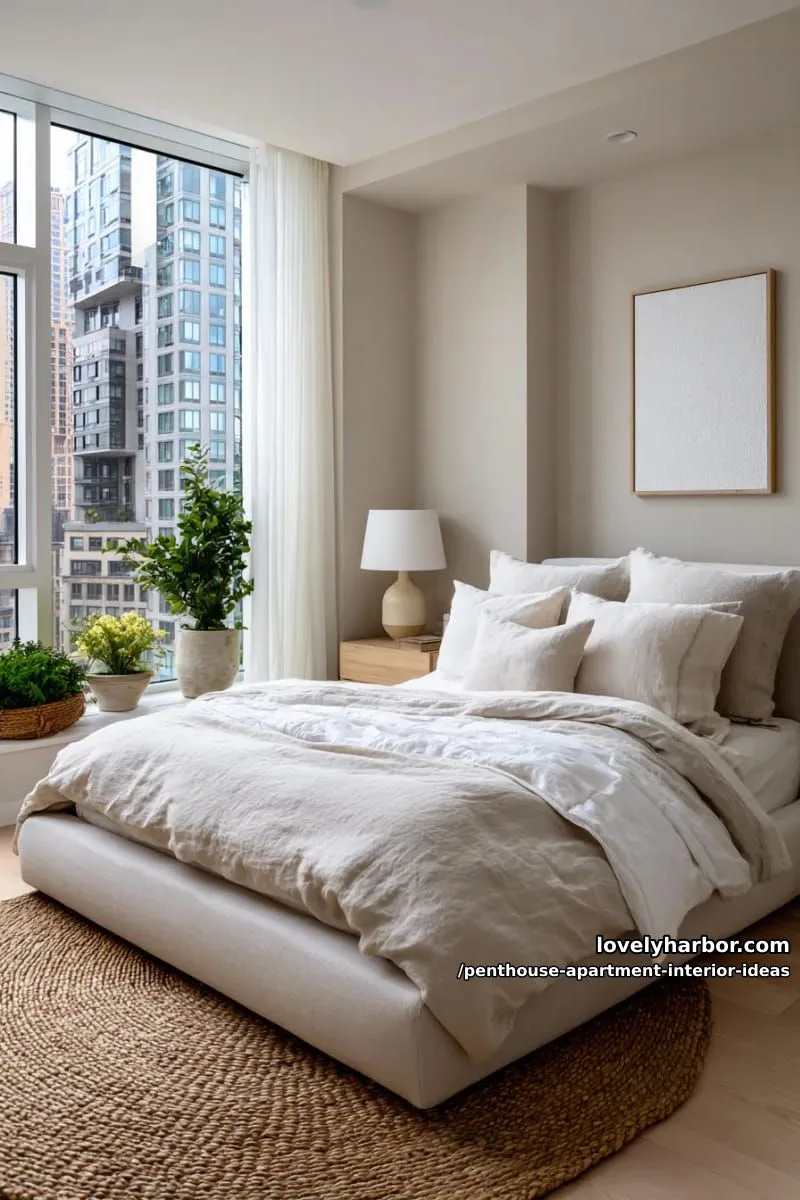 29 Stunning Penthouse Apartment Interior Design Ideas for a Fresh New Look 38 minimalist bedroom with soft beige tones and layered linen textures 1