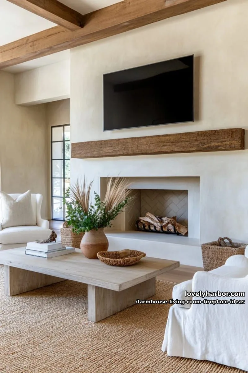 minimalist cement fireplace paired with natural jute rug and linen slipcovered chairs 1