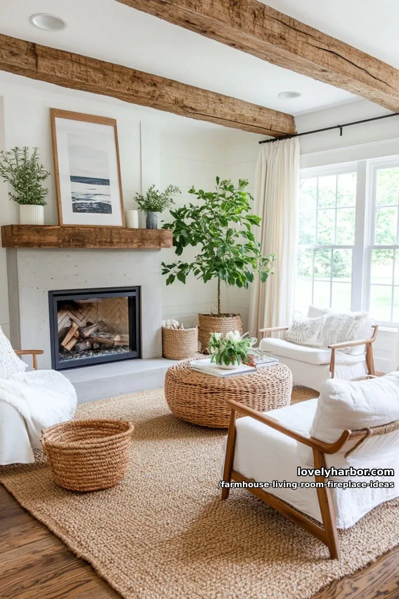 minimalist cement fireplace paired with natural jute rug and linen slipcovered chairs 1