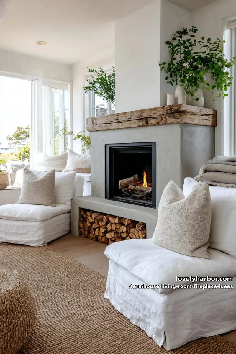 minimalist cement fireplace paired with natural jute rug and linen slipcovered chairs 1