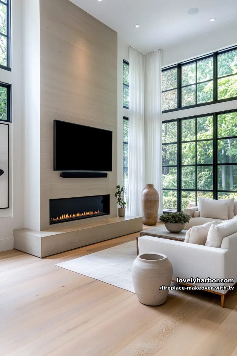 15 Elegant Ideas for Fireplace Makeover with TV 7 minimalist concrete surround with flush-mounted tv and linear fireplace 1