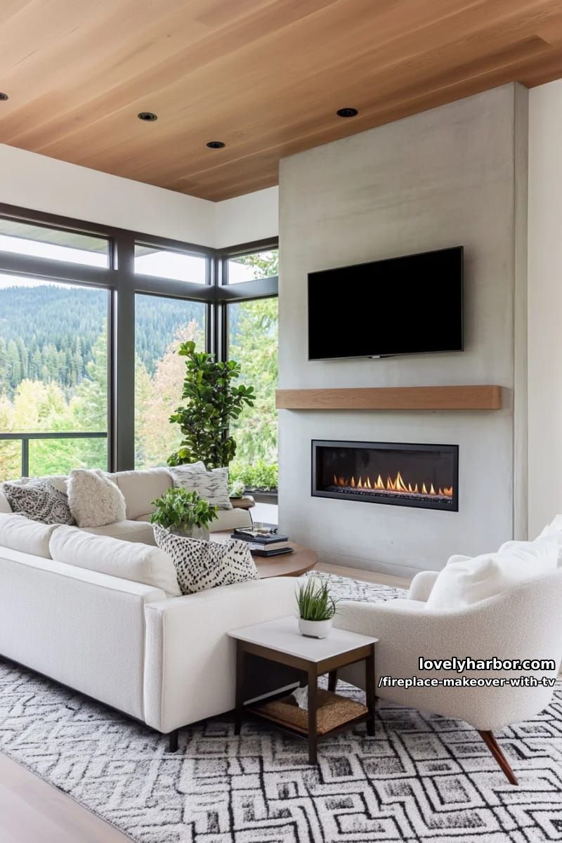 15 Elegant Ideas for Fireplace Makeover with TV 8 minimalist concrete surround with flush-mounted tv and linear fireplace 1