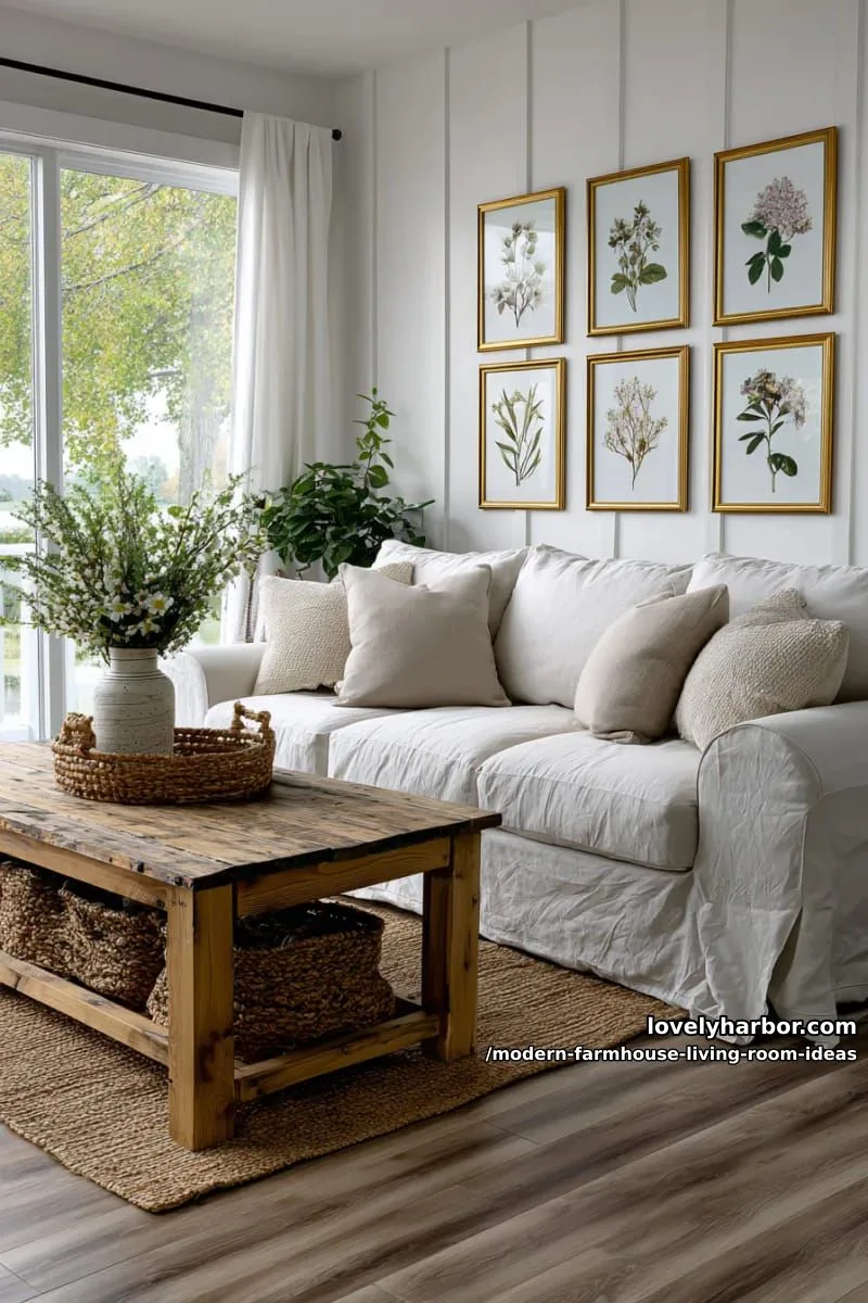 15 Modern Farmhouse Living Room Ideas for a Fresh Atmosphere 11 minimalist gallery wall with botanical prints and antique brass frames 1