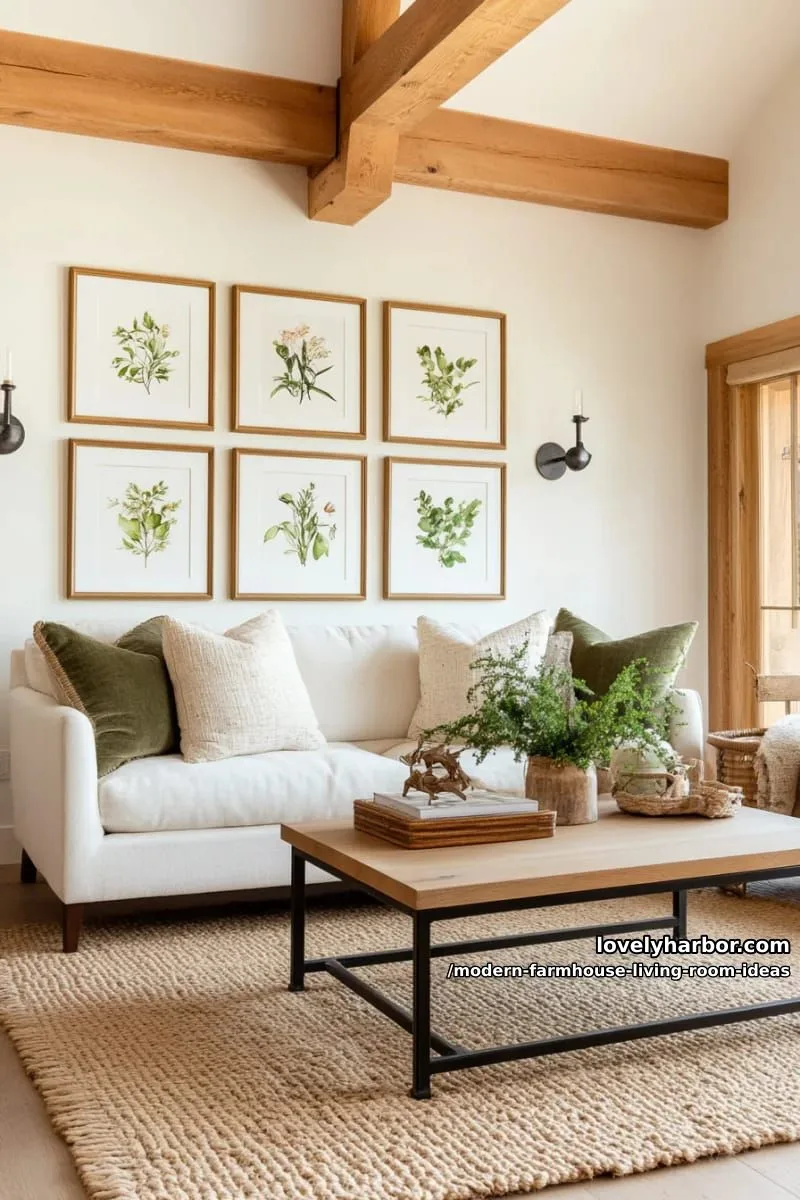 15 Modern Farmhouse Living Room Ideas for a Fresh Atmosphere 12 minimalist gallery wall with botanical prints and antique brass frames 1