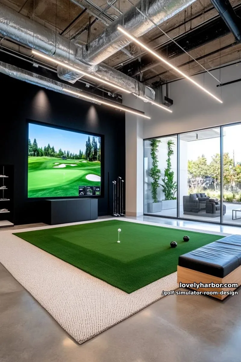 15 Chic Golf Simulator Room Designs to Help Update Your Space! 4 minimalist golf bay with sleek black walls and hidden led accent lighting 1