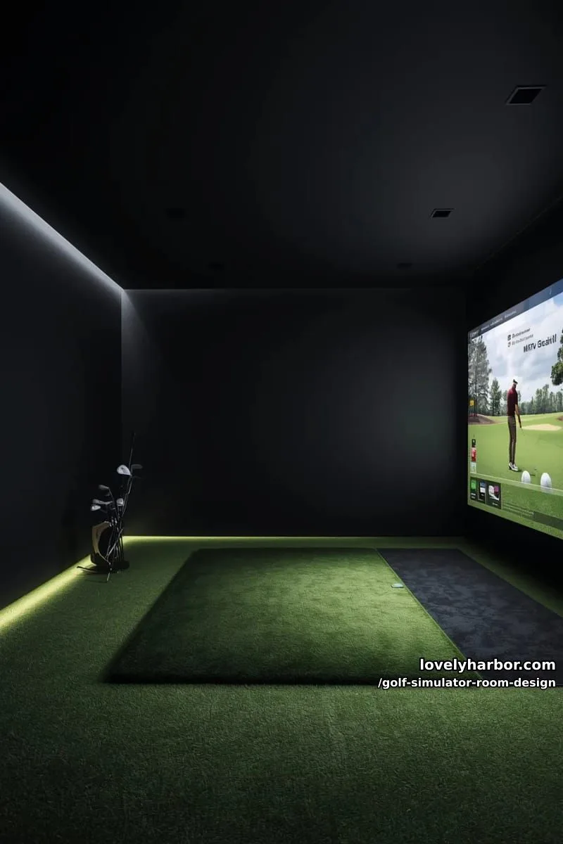 15 Chic Golf Simulator Room Designs to Help Update Your Space! 5 minimalist golf bay with sleek black walls and hidden led accent lighting 1