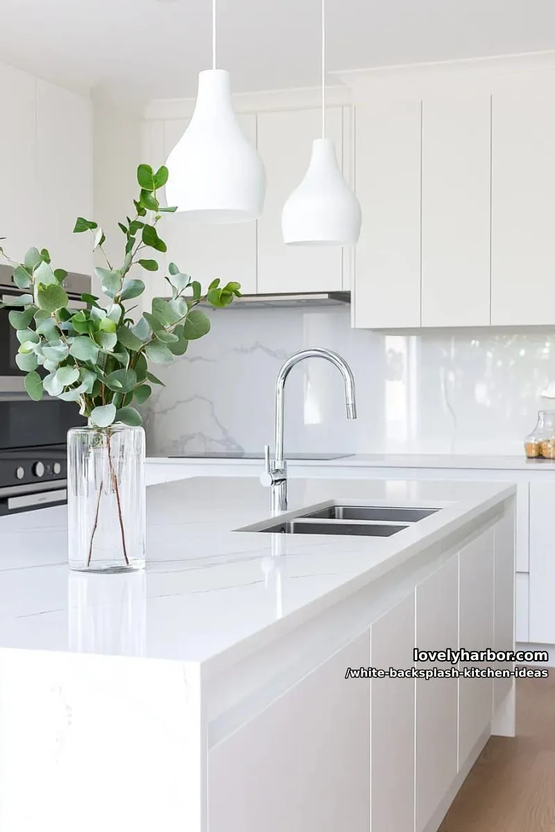 15 Elegant White Backsplash Ideas for Your Kitchen 26 minimalist high-gloss glass backsplash reflecting light in an all-white kitchen 1
