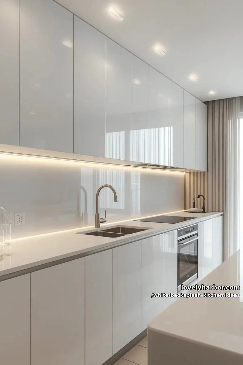 15 Elegant White Backsplash Ideas for Your Kitchen 27 minimalist high-gloss glass backsplash reflecting light in an all-white kitchen 1
