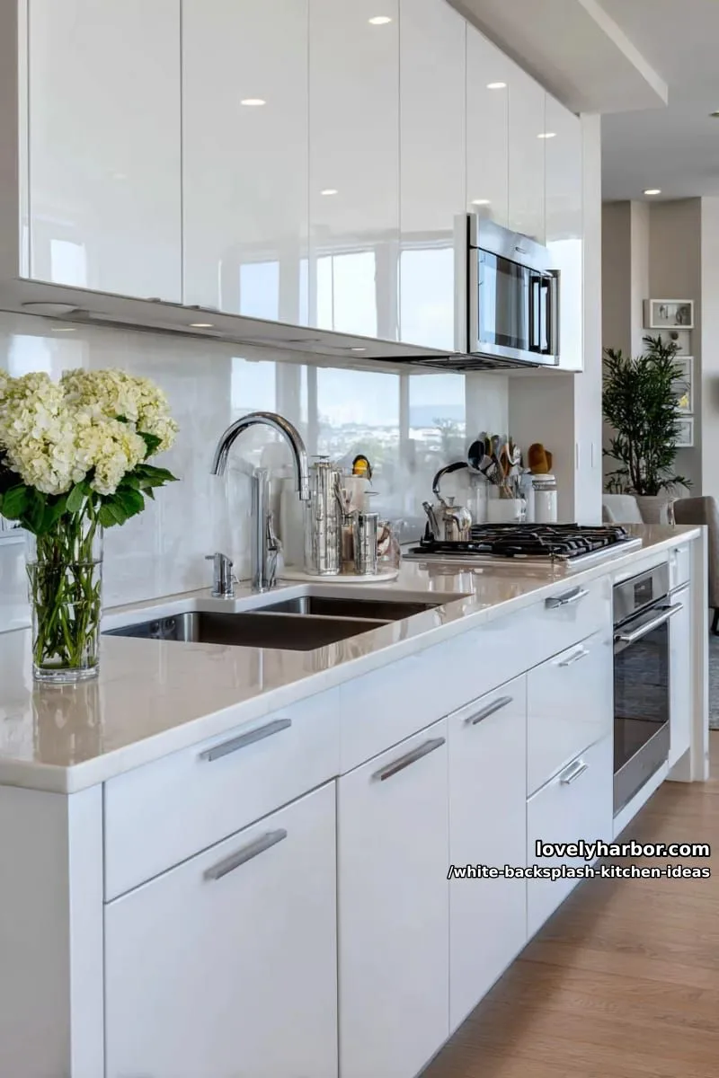 15 Elegant White Backsplash Ideas for Your Kitchen 28 minimalist high-gloss glass backsplash reflecting light in an all-white kitchen 1