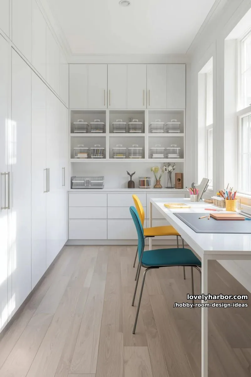 15 Inspiring Hobby Room Design Ideas You’ll Love 28 minimalist office-craft hybrid with sleek white cabinetry and pop-of-color chairs 1