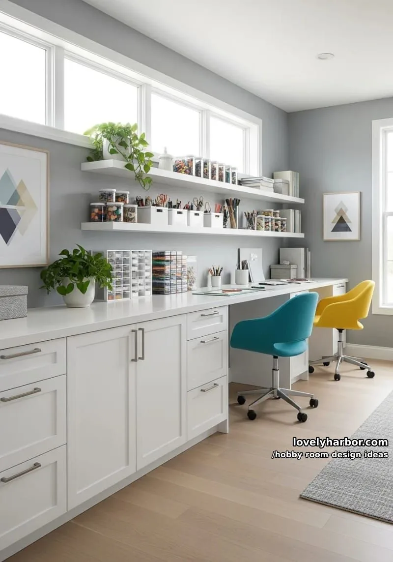 15 Inspiring Hobby Room Design Ideas You’ll Love 29 minimalist office-craft hybrid with sleek white cabinetry and pop-of-color chairs 1