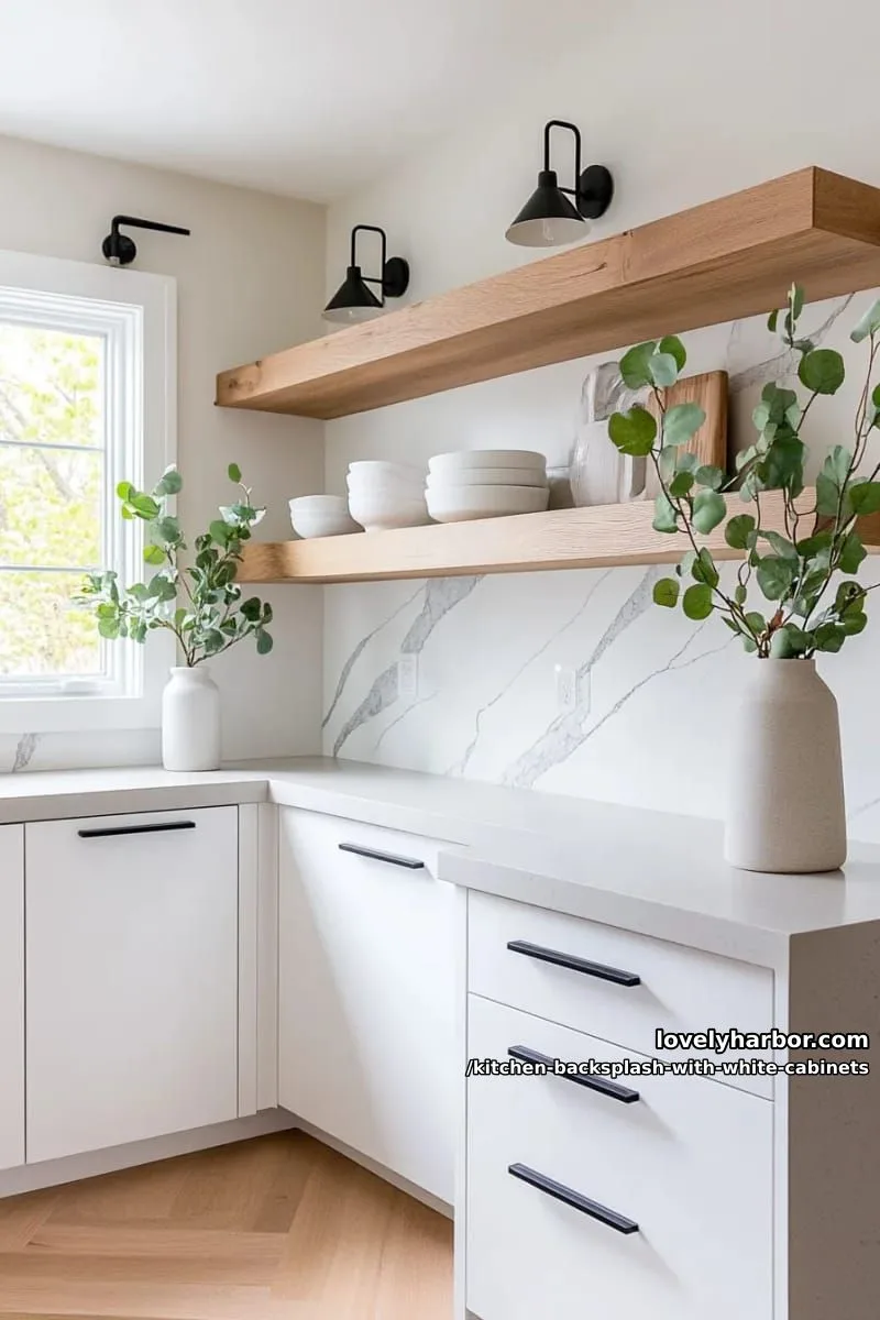 minimalist slab backsplash in white quartz with dramatic veining 1